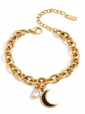 18K Gold Plated Moon & Crystal Teardrop Charm Link Bracelet